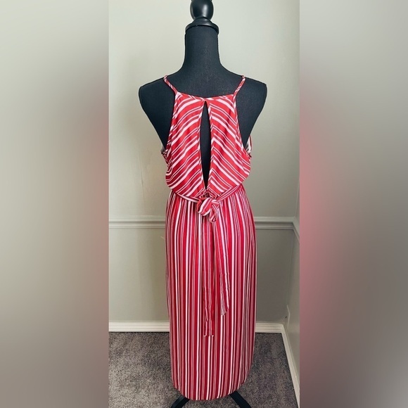 MIKEY & Joey Red White Stripe Halter Neck Midi Dress Size M - Picture 2 of 8